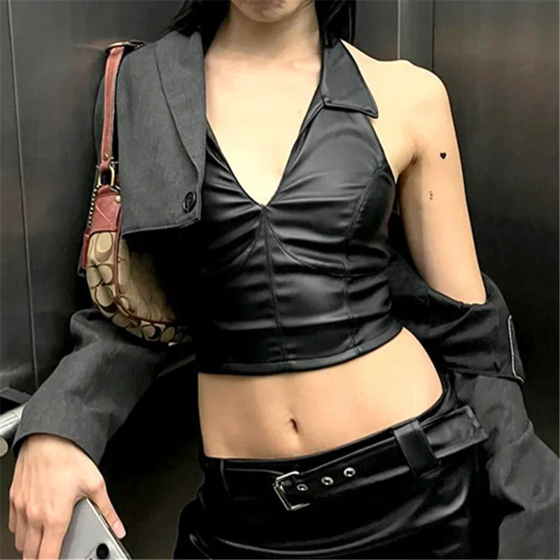 Baddie Faux Leather Halter Crop Top