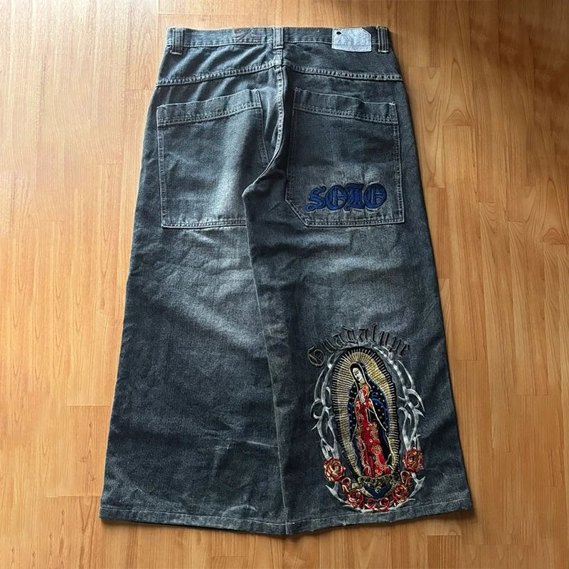 Virgin Mary Embroidered Wide Jeans