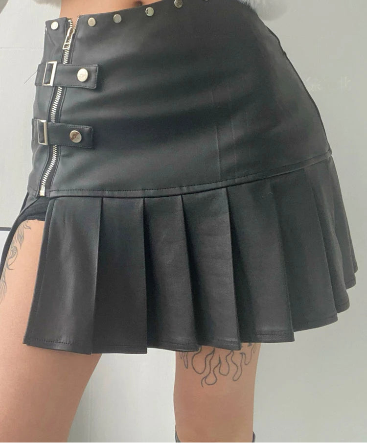 Sexy Retro  Leather Mini Pleated Skirt