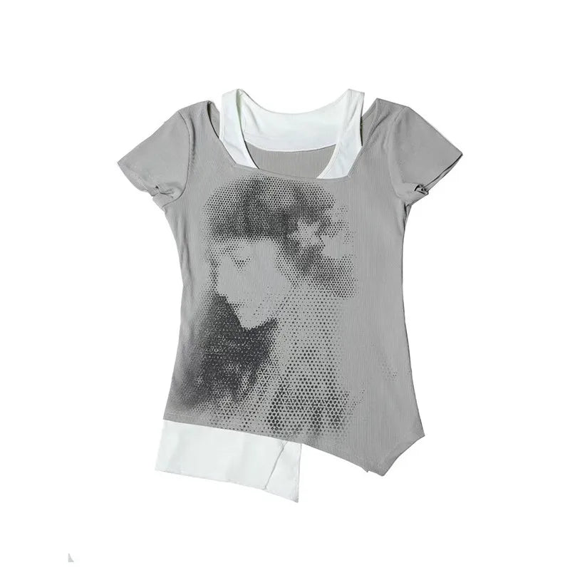 Camiseta vintage de dos piezas con estampado de retazos grunge