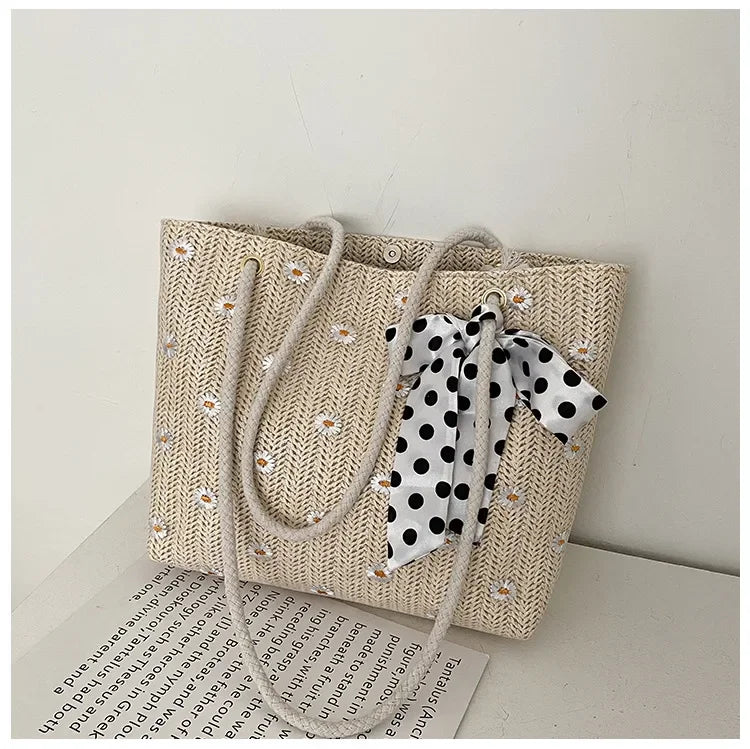 Bow-Tie Embroidery Daisy Shoulder Bag