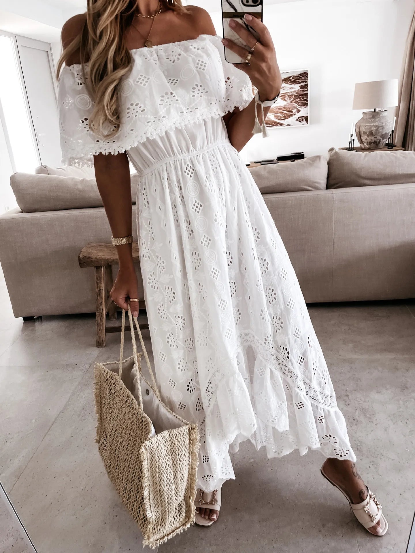 Women's Summer Beach White Boho Maxi Dress