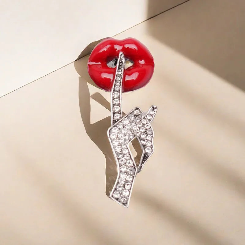 Novel Red Lips with Rhinestones Brooch