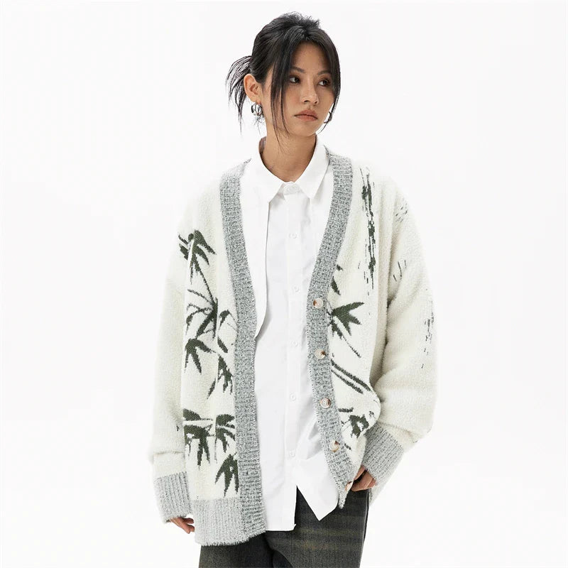 Bamboo Printed V-Neck Knitted Cardigan