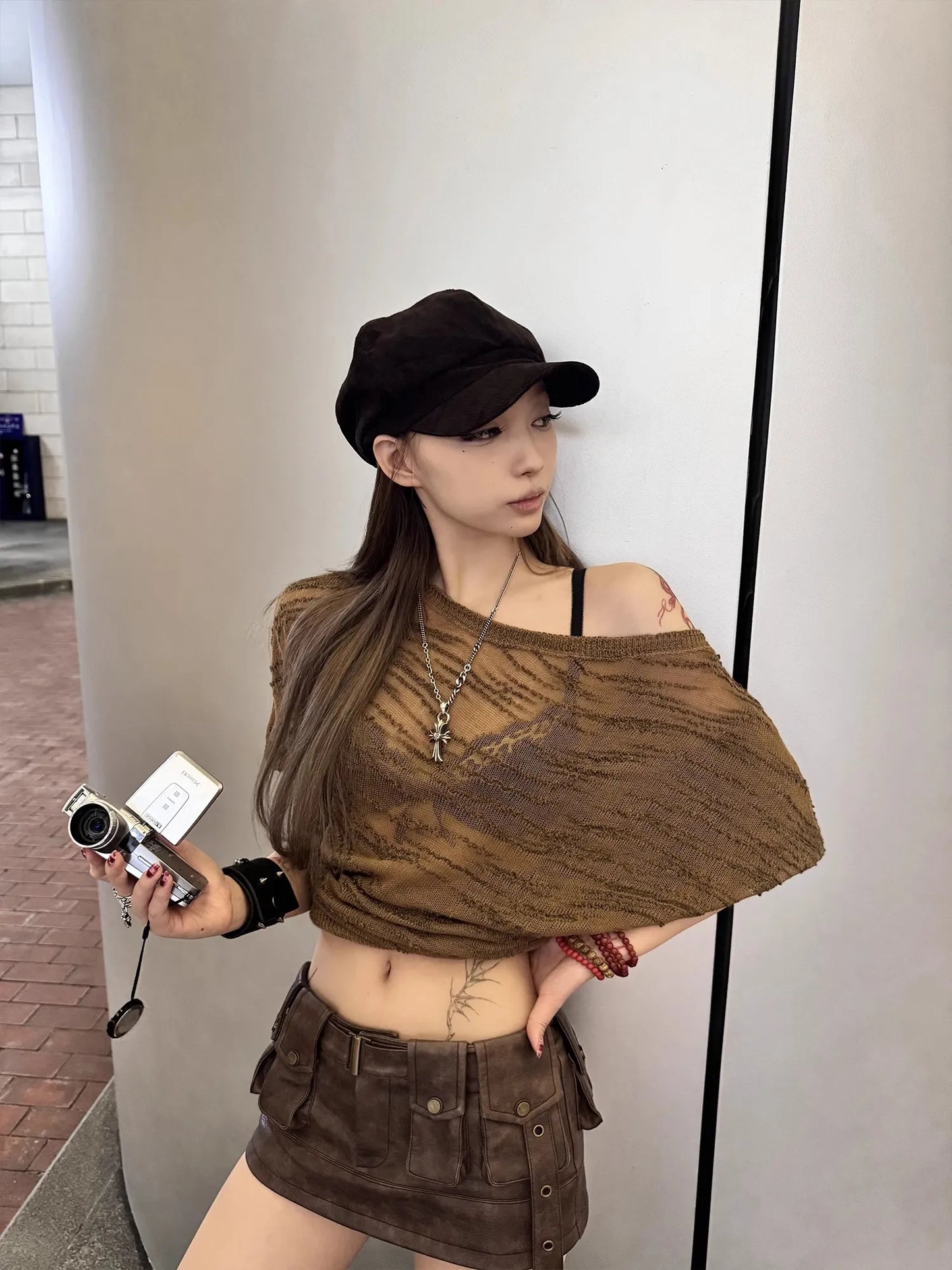 Vintage Distressed Brown Leather Mini Skirt