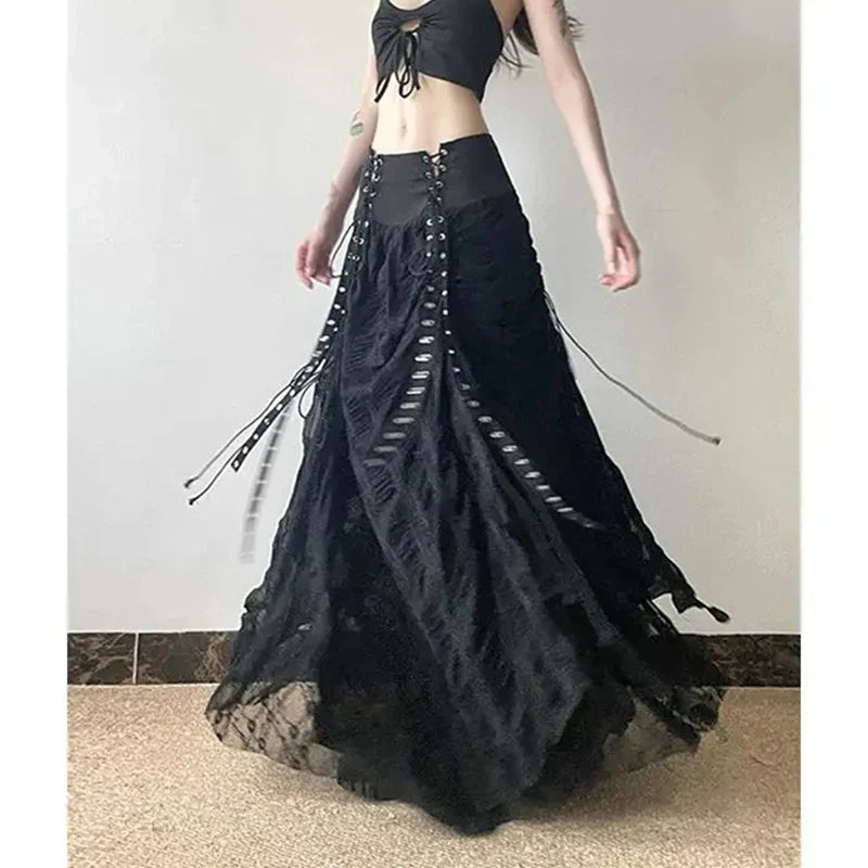 Vintage Lace Patchwork Mesh Maxi Skirt