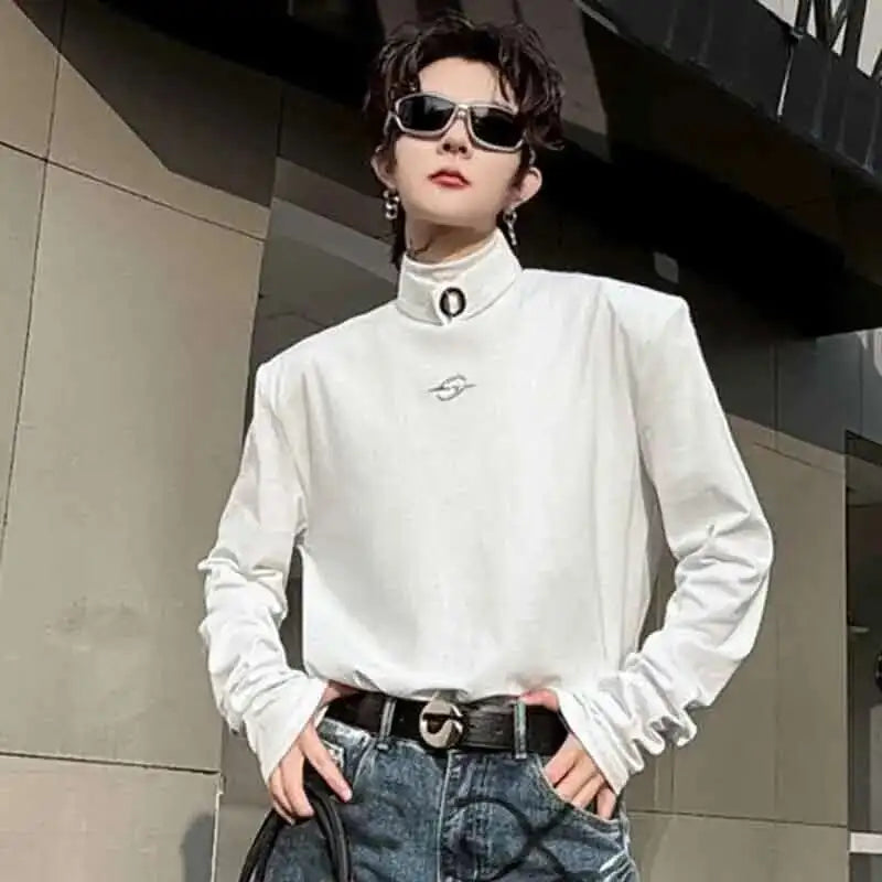 Chic Metal Buckle Turtleneck Long T-Shirt