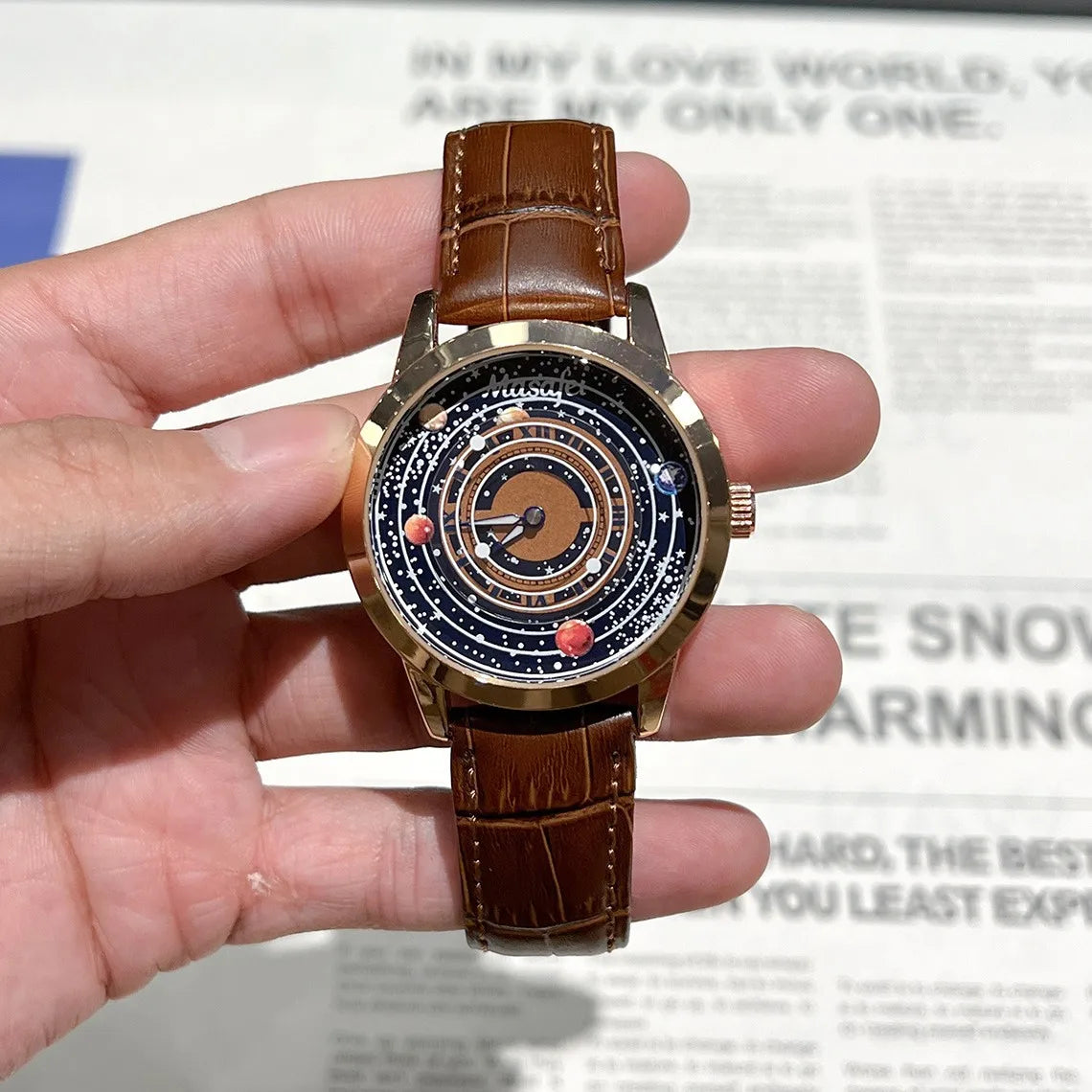 Planet Dial Brown Leather Strap Quartz Watch