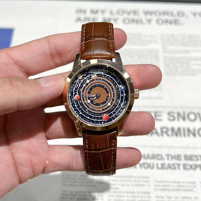 Planet Dial Brown Leather Strap Quartz Watch