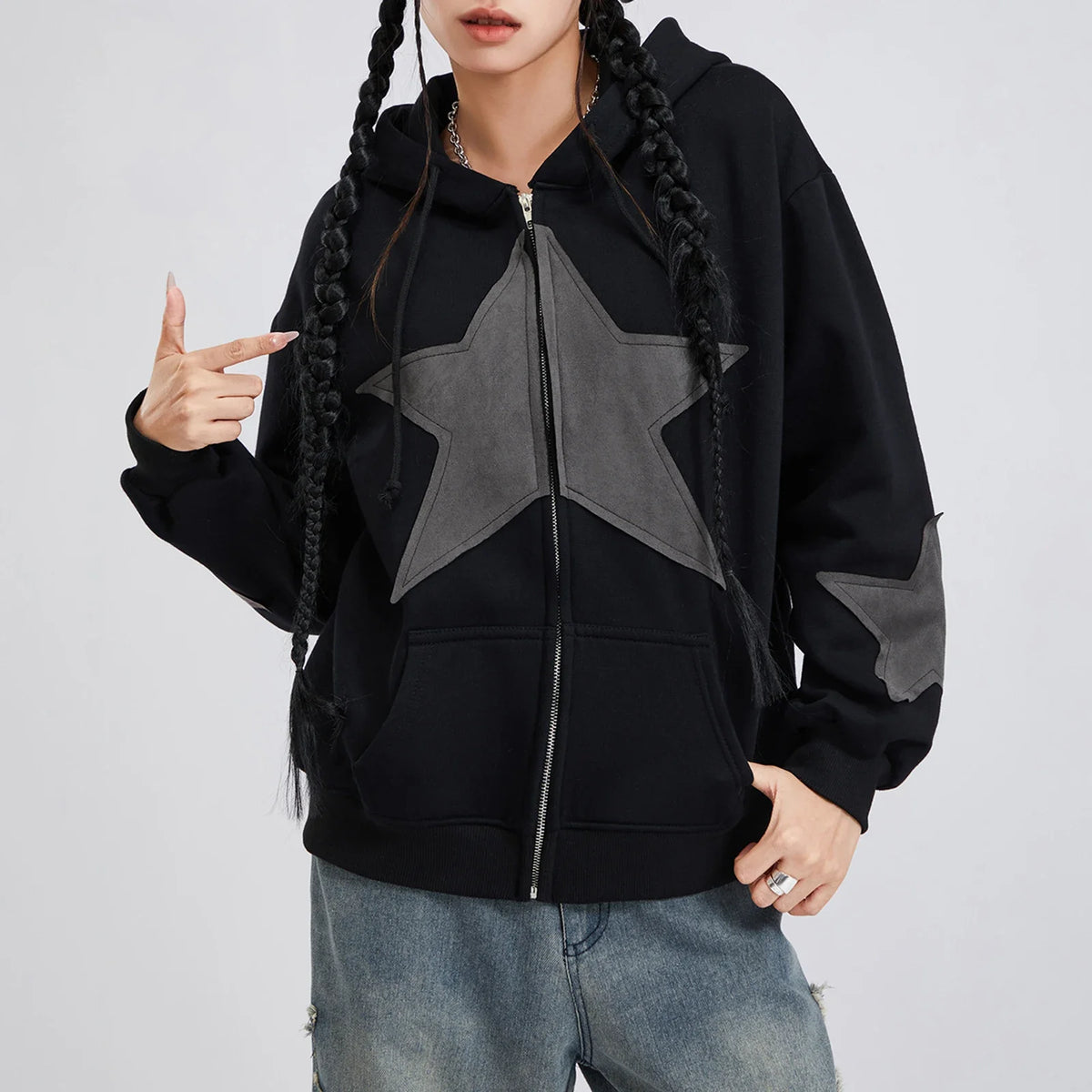 Y2K Star Patch Zip-Up Hoodie