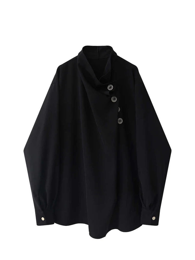 A black long-sleeve cowl-neck shirt with an asymmetrical button closure and button cuffs, shown against a plain white background.