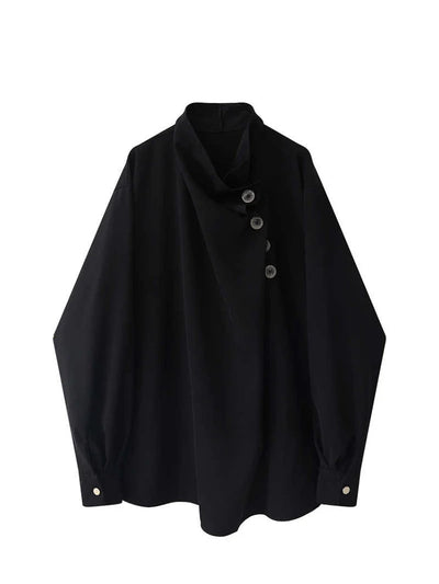 A black long-sleeve cowl-neck shirt with an asymmetrical button closure and button cuffs, shown against a plain white background.