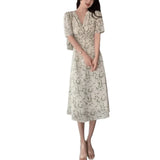 Green Floral V-neck Chiffon Midi Dress