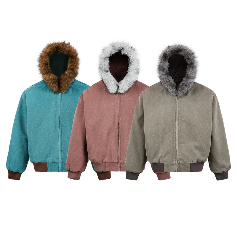 Wattierte Retro-Schnee-Kapuzen-Fell-Pufferjacke