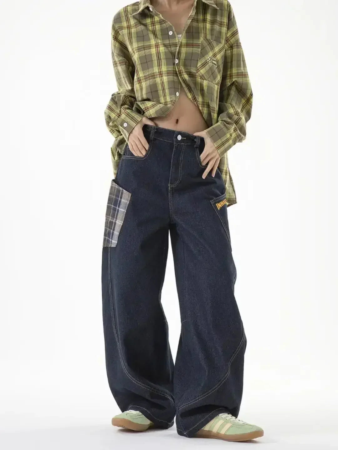 Bandana-Patchwork-Plaid-Jeans mit weitem Bein