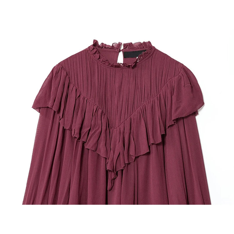 Women Wine Red Ruffle Chiffon Blouse
