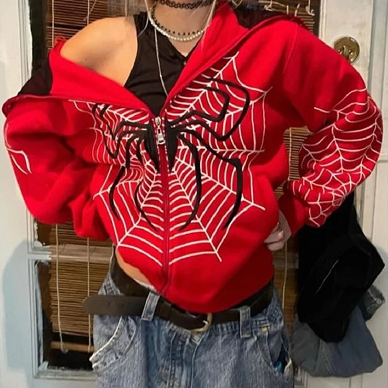 Y2K Spider Web Zip Up Hoodie