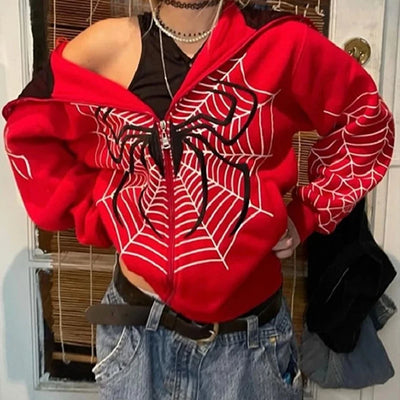 Y2K Spider Web Zip Up Hoodie