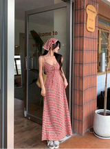 Red Plaid Maid Maxi Dress