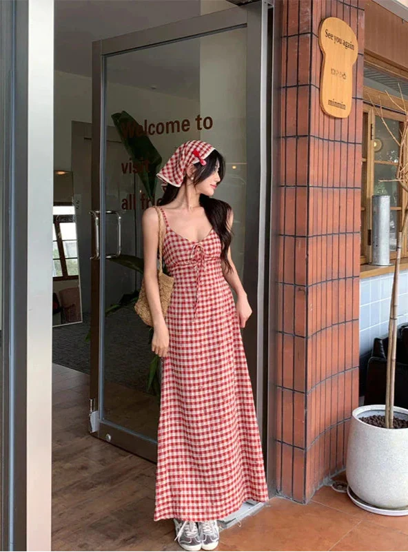 Red Plaid Maid Maxi Dress