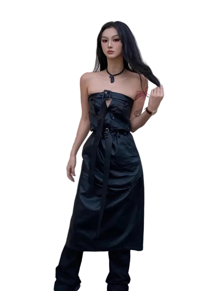 Cool Black Leather High Waist Maxi Skirt Slit Belt
