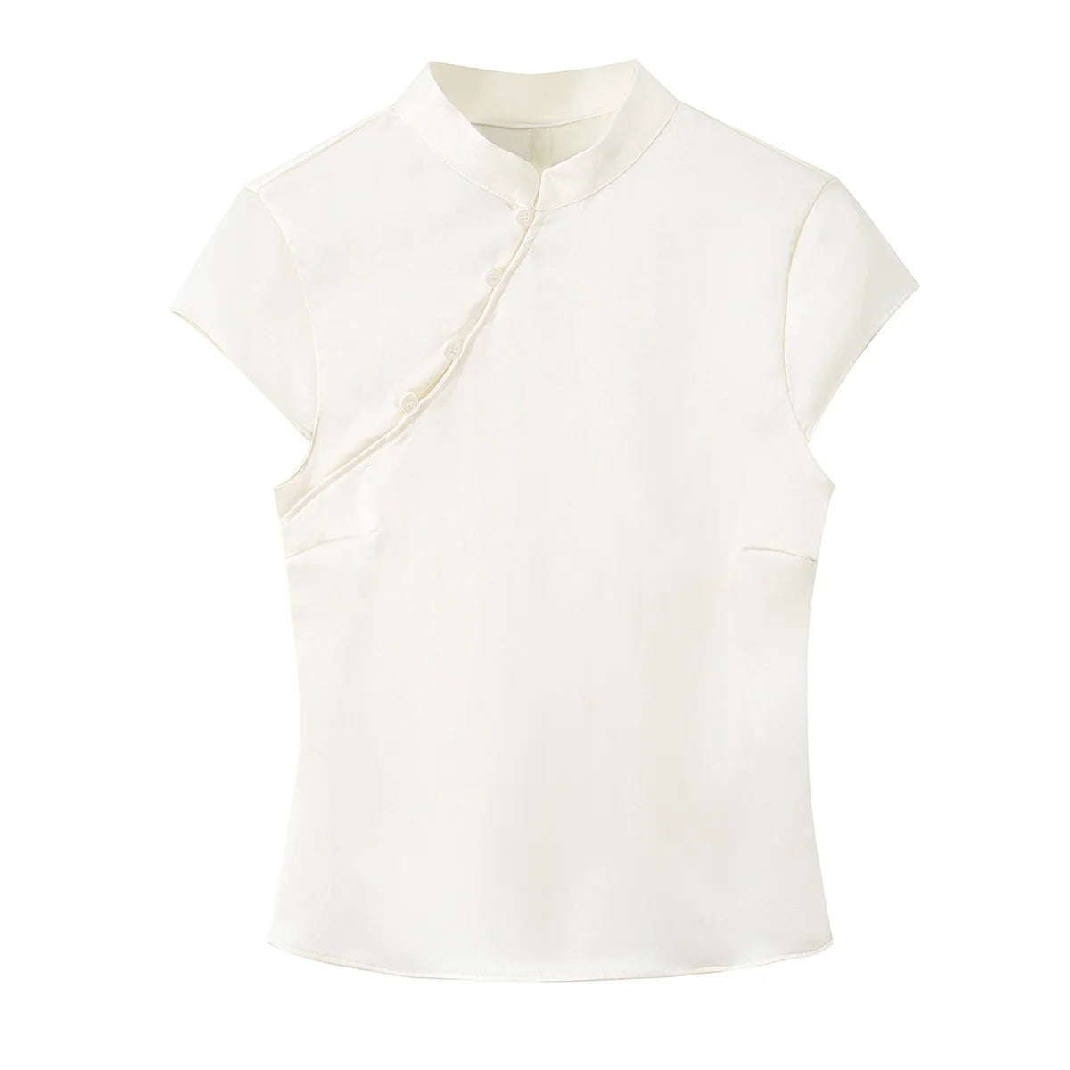 Black Mandarin Collar Side Button Satin Blouse