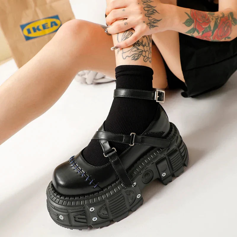 Cross Belt Black Leather Platform Shoes