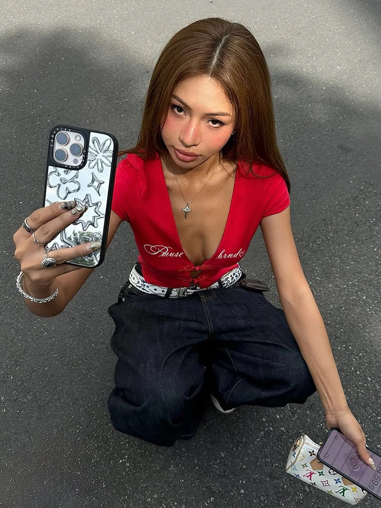 Baddie Core Red Frog Button Top