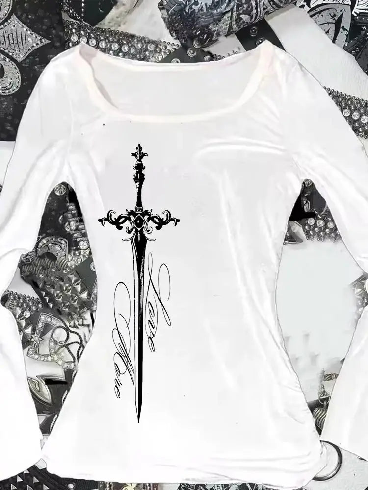 Grunge Aesthetic Letter Sword Long Sleeve Top