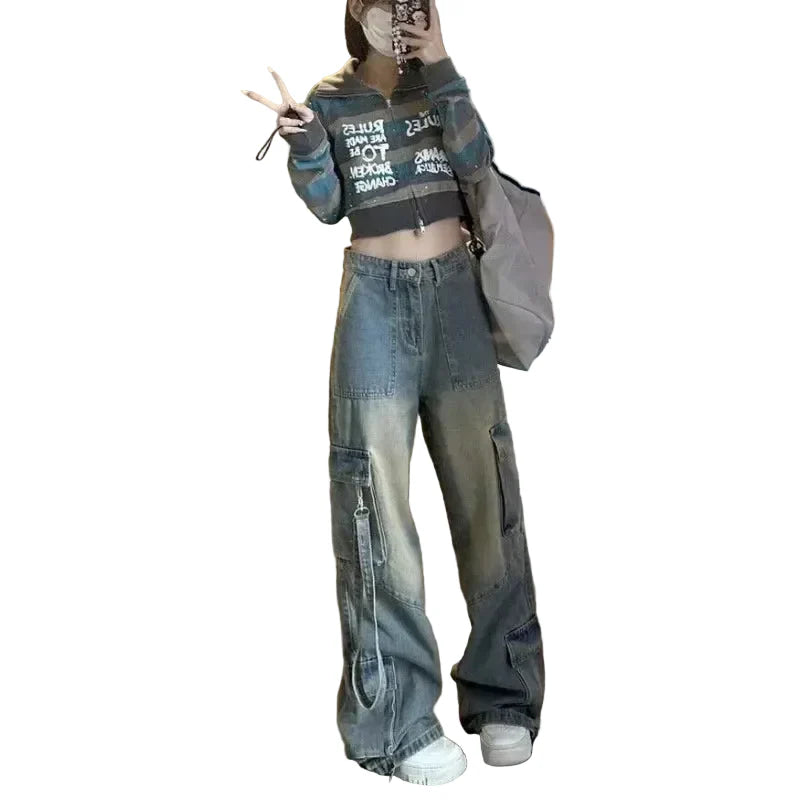 High Waist Denim Cargo Jeans