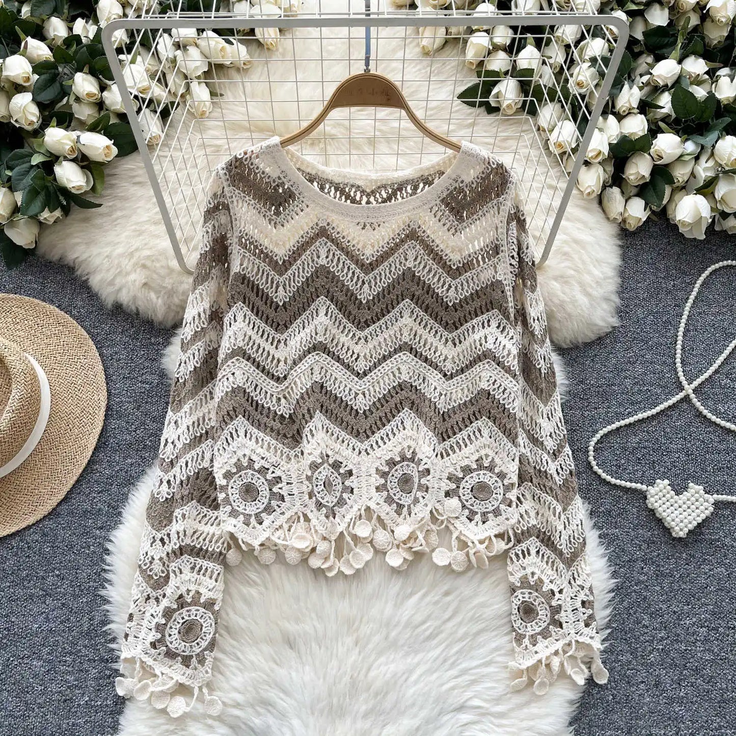 Handmade Knitted V-Neck Wavy Striped Crochet Sweater