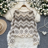 Handmade Knitted V-Neck Wavy Striped Crochet Sweater