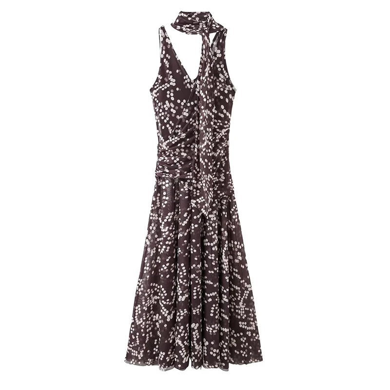 Brown Long Polka Dot Dress Sexy Sleeveless