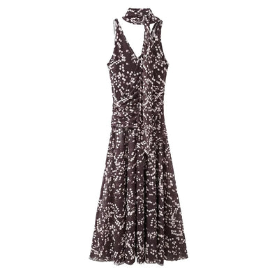 Vestido marrón largo sin mangas sexy de lunares