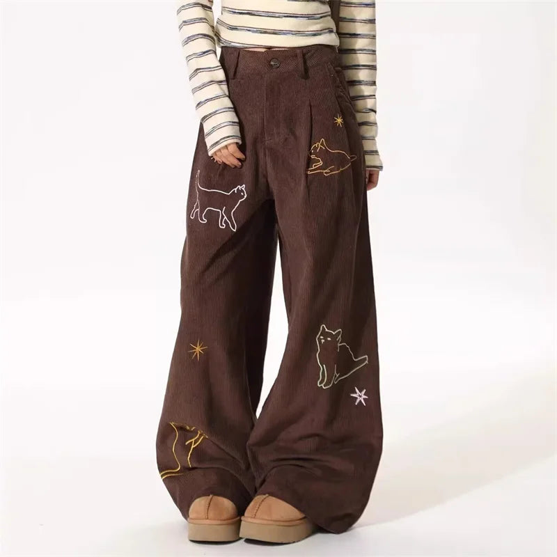 Indie Cartoon Cat Wide Leg Pants