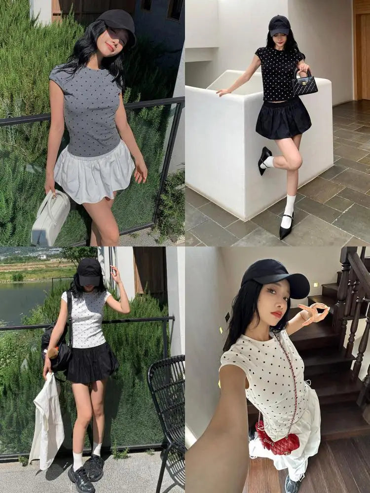 Polka Dots Short Sleeves Crop Top