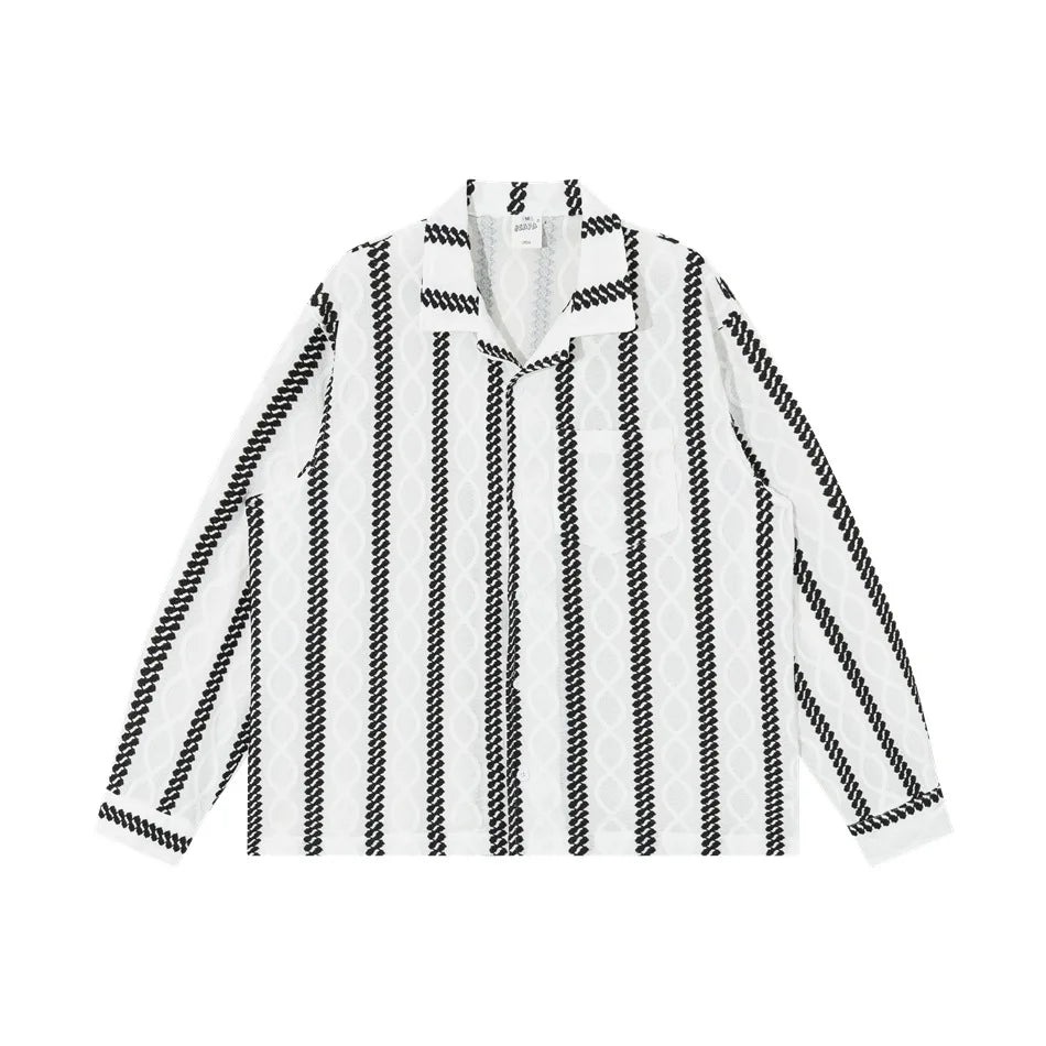 Gestreiftes Jacquard-Langarmhemd mit Kubakragen