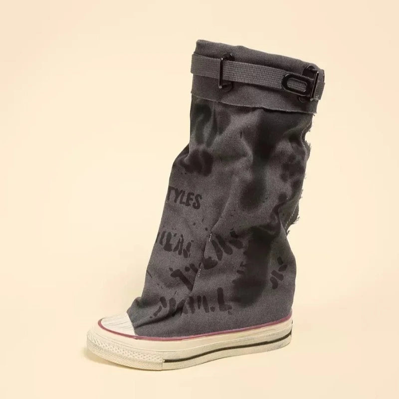 Distressed Breathable Canvas Mid-Calf Boots