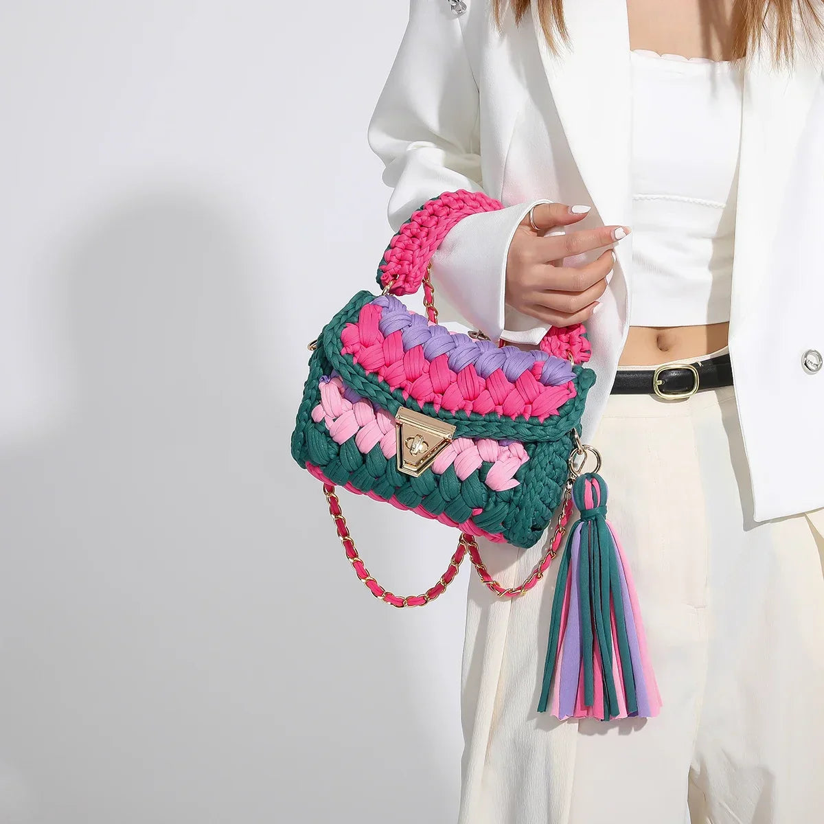Woven Bag Knitted Shoulder Chunky