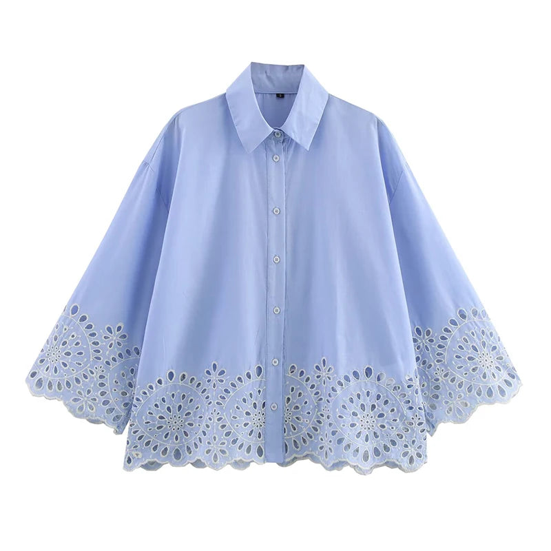 Hollow Out Embroidery Women Blue Shirt