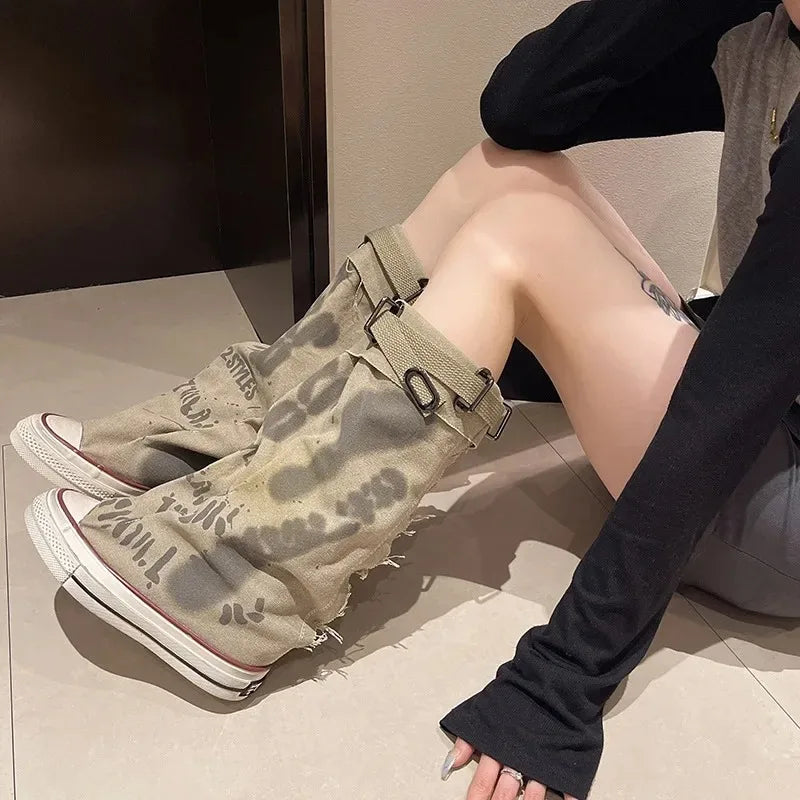Distressed Breathable Canvas Mid-Calf Boots