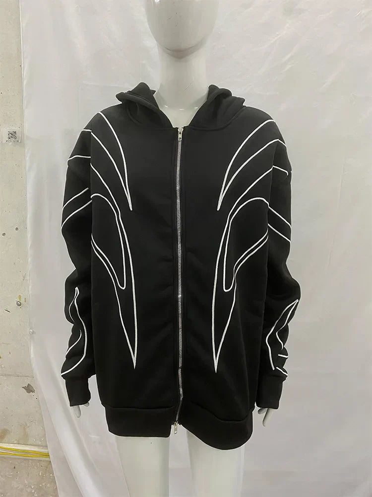 Y2K Striped Zip-up Black Hoodie