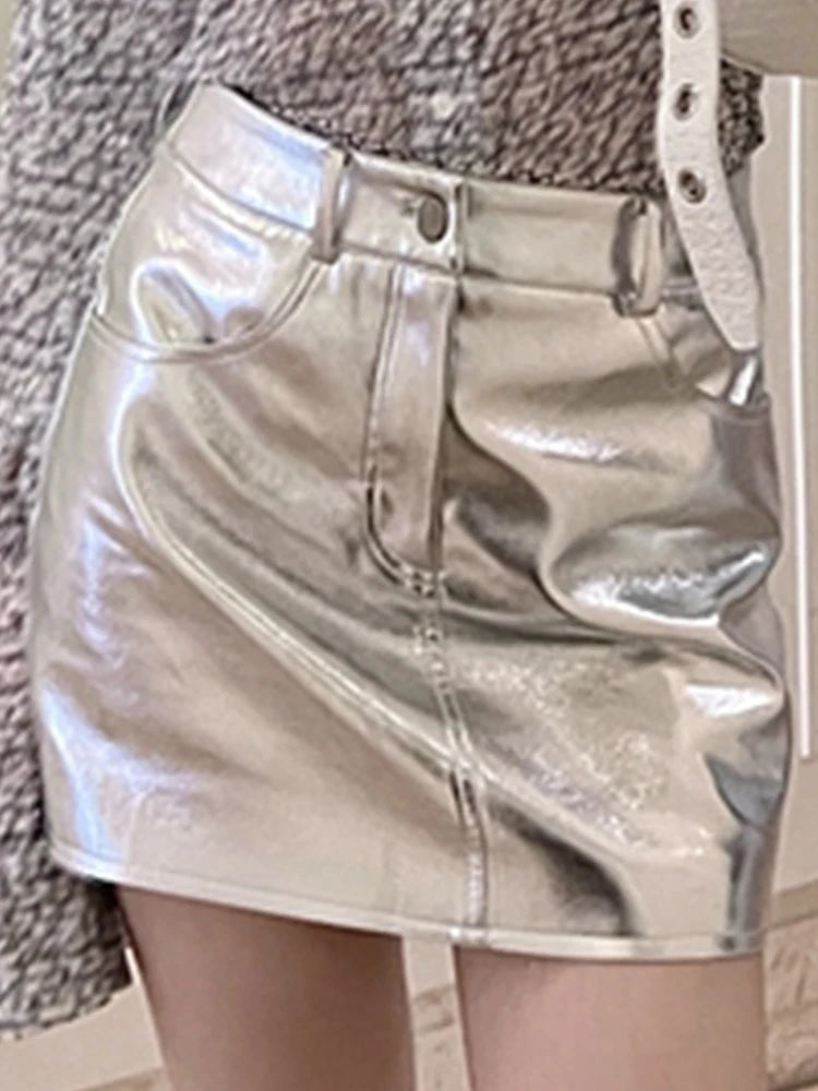 Pink Silver Reflective Shiny Leather Mini Skirts