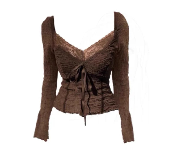 Fairycore Lace Detailed Shirred Top