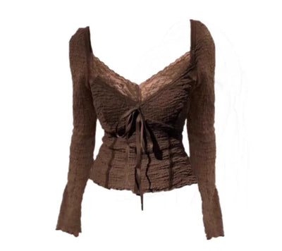 Fairycore Lace Detailed Shirred Top