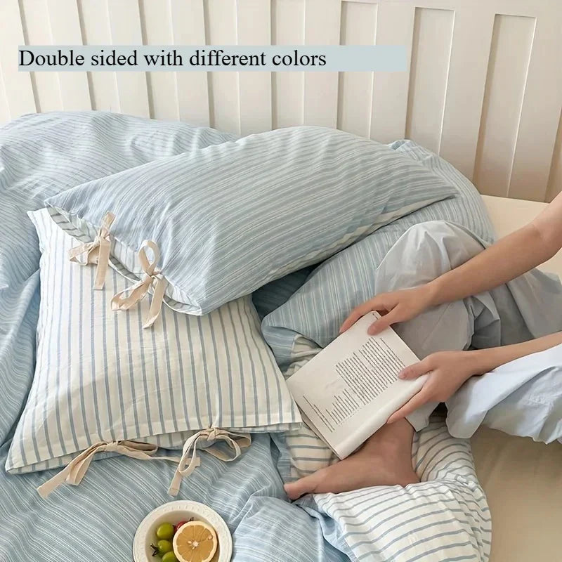 Double Sided Stripes Bow Cotton Pillow Case