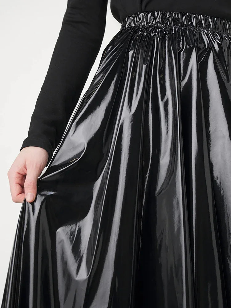Glossy Leather Pleated Midi Skirt