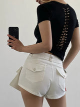 Solid Color Short Sleeve Slim Lace Up Back Crop Top