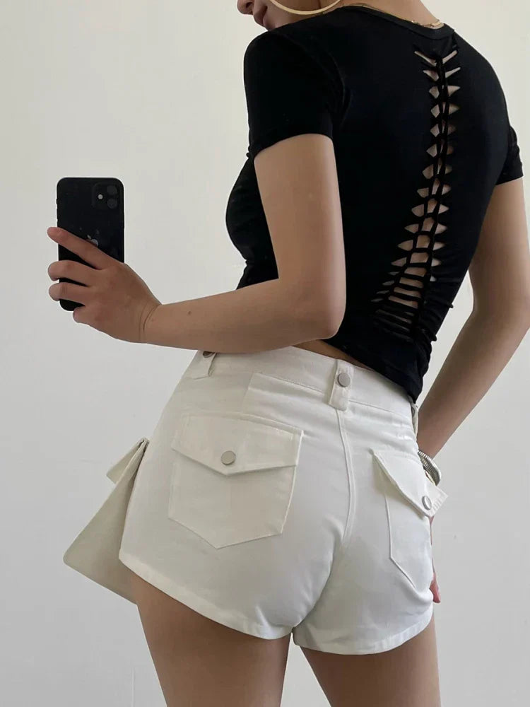 Solid Color Short Sleeve Slim Lace Up Back Crop Top