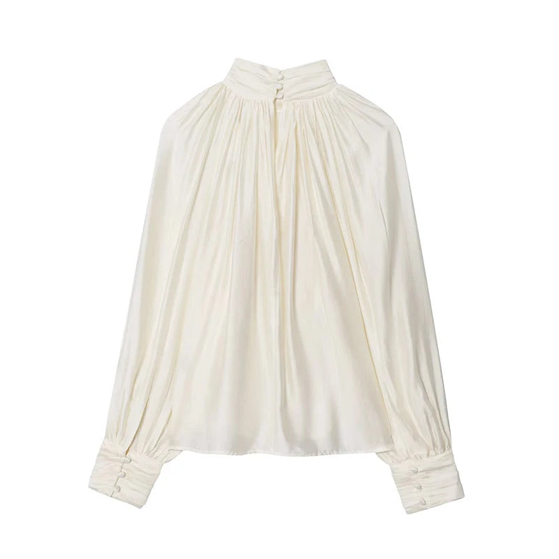 Half High Collar Pleated Long Sleeve Office Shirt